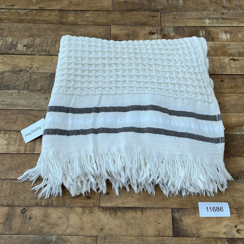 AquaVireo Bath Towels (2) 22in x 40in 100% Cotton Ivory Brown Waffle Knit Fringe